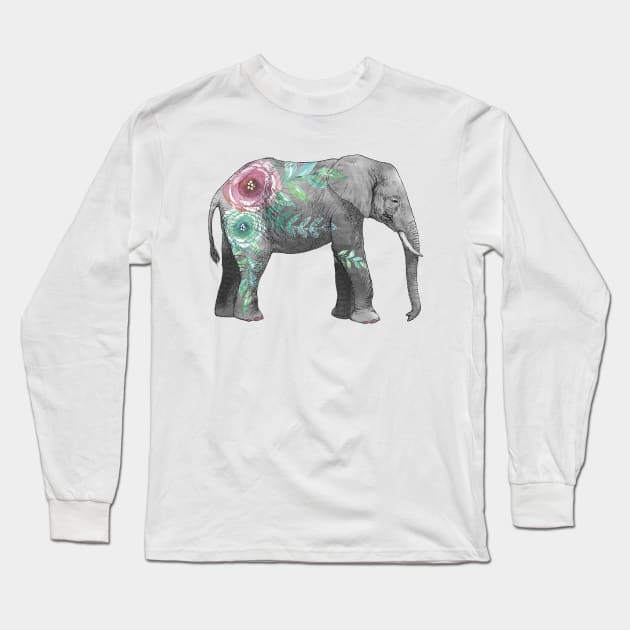 Watercolor elephant with flowers Long Sleeve T-Shirt by SouthPrints